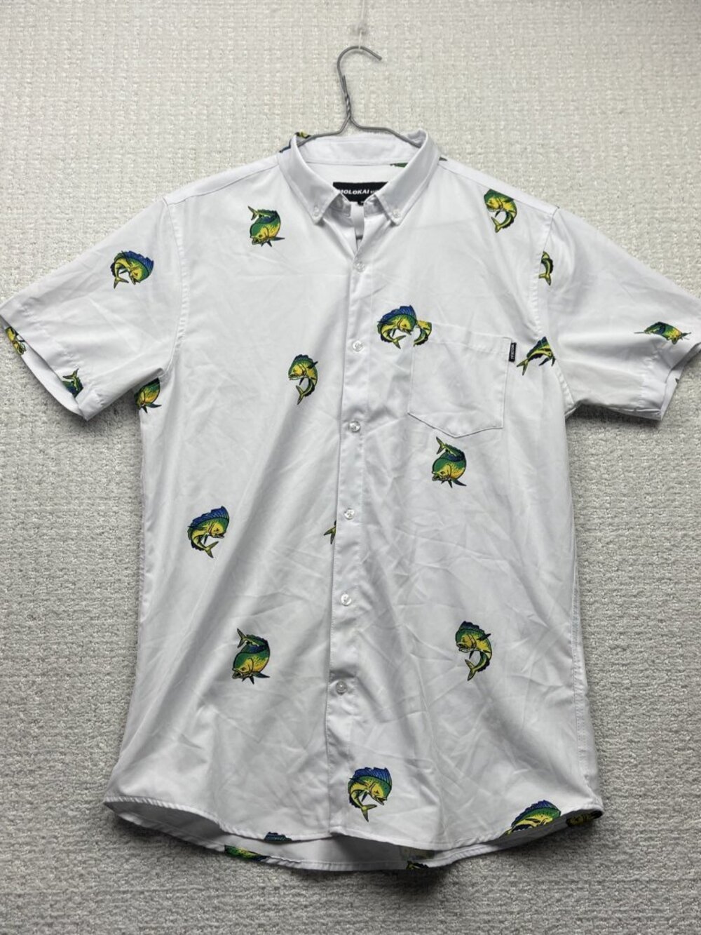 Molokai Surf Co. Shirt Mens M White Button Down Short Sleeve Mahi Mahi AOP Read